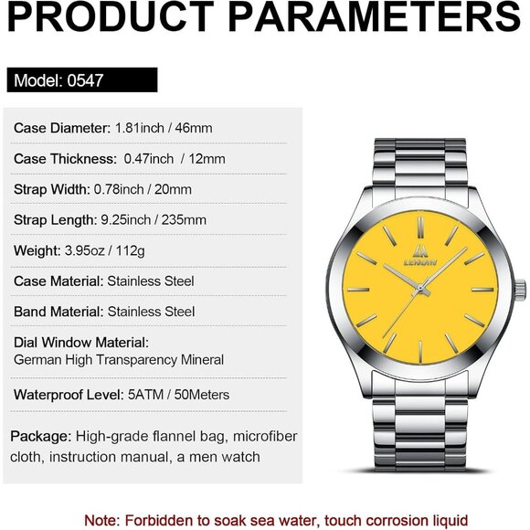 Men Silver Yellow Stainless Steel Analog Quartz Fashion Business Designer Watch - Picture 8 of 9